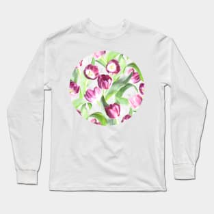 Deep Magenta Tulips on Creamy Peach Long Sleeve T-Shirt